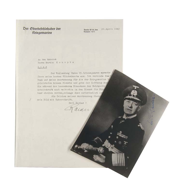 Nationalsozialismus - - Raeder (Admiral), Erich. Brief mit eigenhänder Unterschrift und OPortrait-