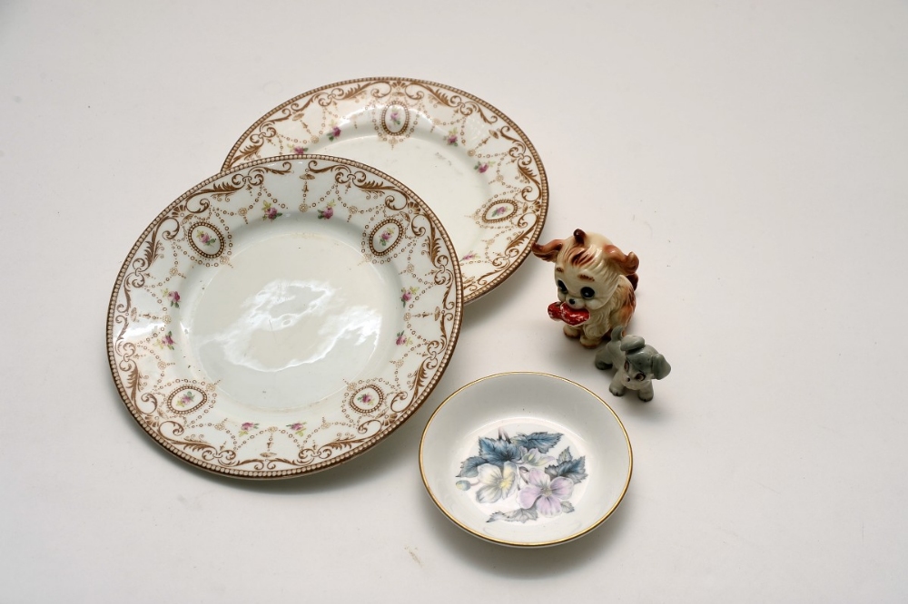 wade porcelain grey puppy & brown puppy and a pair shelly porcelain tea plates and a royal