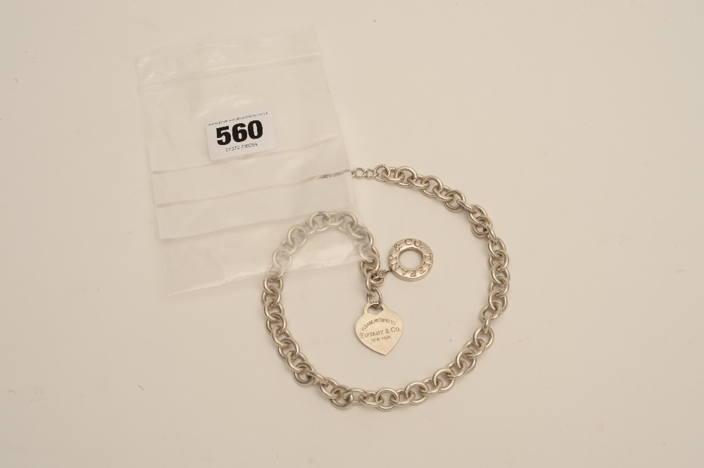 a tiffany silver chain link necklace 16`` with t-bar and heart fob 925mk 73 gms