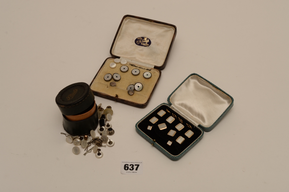 a cased set of sterling silver and mother of pearl dress studs and cuff links plus another cased