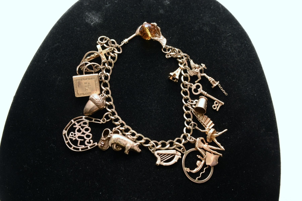 9ct gold charm bracelet with 18 charms - no clasp. 35.7g approx 18cm long