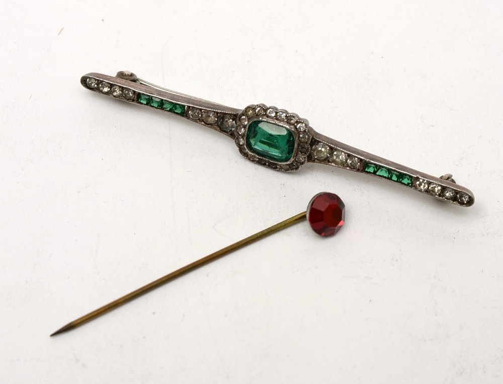 191 stick and pin set red stone and stone set silver bar brooch