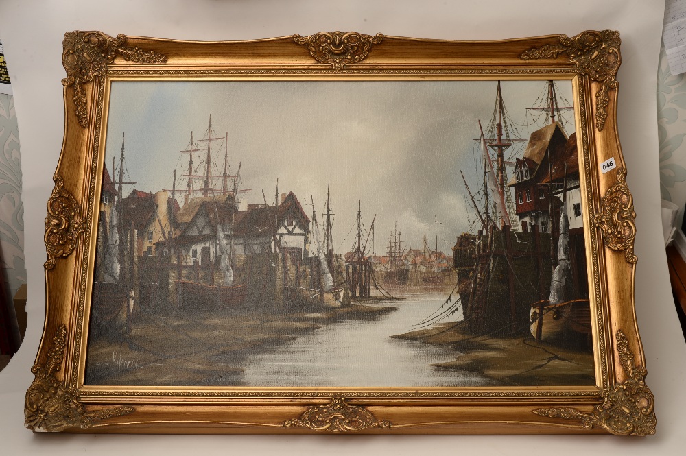 K Hammond - Oil on canvas harbour scene at low tide with tall ships - buildings. Signed 36"" x 24""