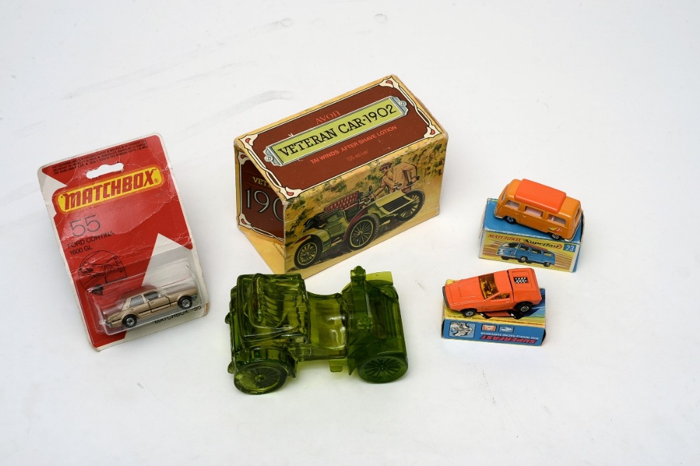 matchbox super fast cars x3 and car shaped perfume bottle boxed
