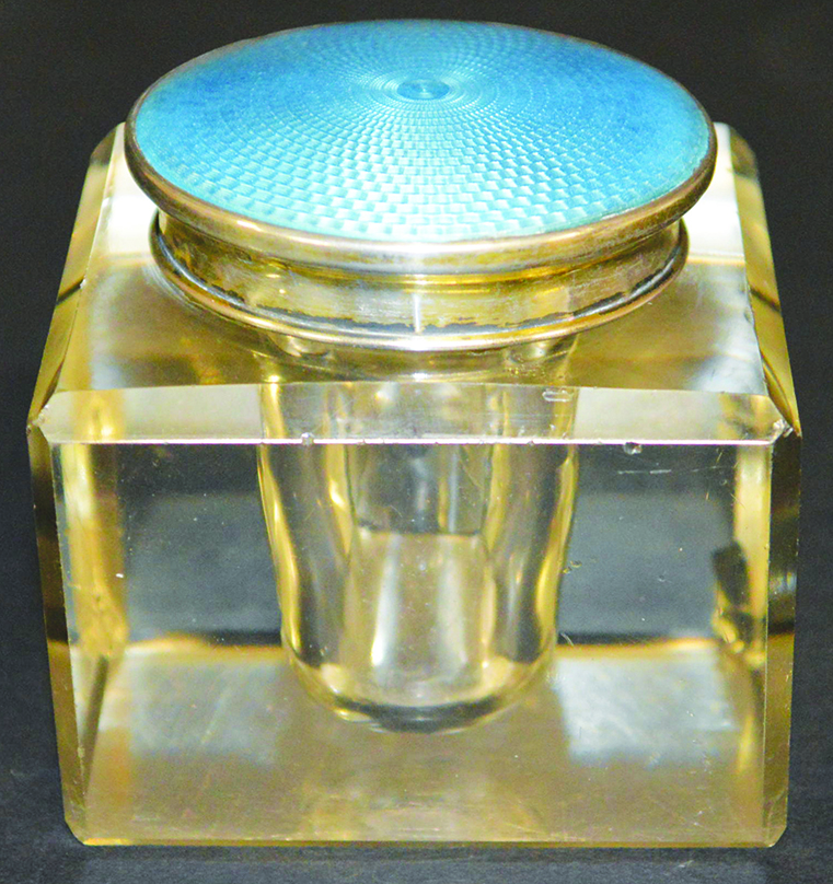 A SILVER AND BLUE ENAMEL SQUARE GLASS INKWELL Birmingham 1925.