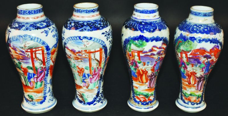 FOUR SIMILAR 18TH CENTURY CHINESE QIANLONG PERIOD FAMILLE ROSE & UNDERGLAZE-BLUE MANDARIN PORCELAIN