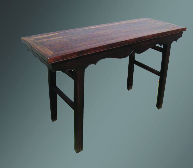 A CHINESE HARDWOOD ALTER TABLE, with plain shaped frieze and on rectangular section slightly