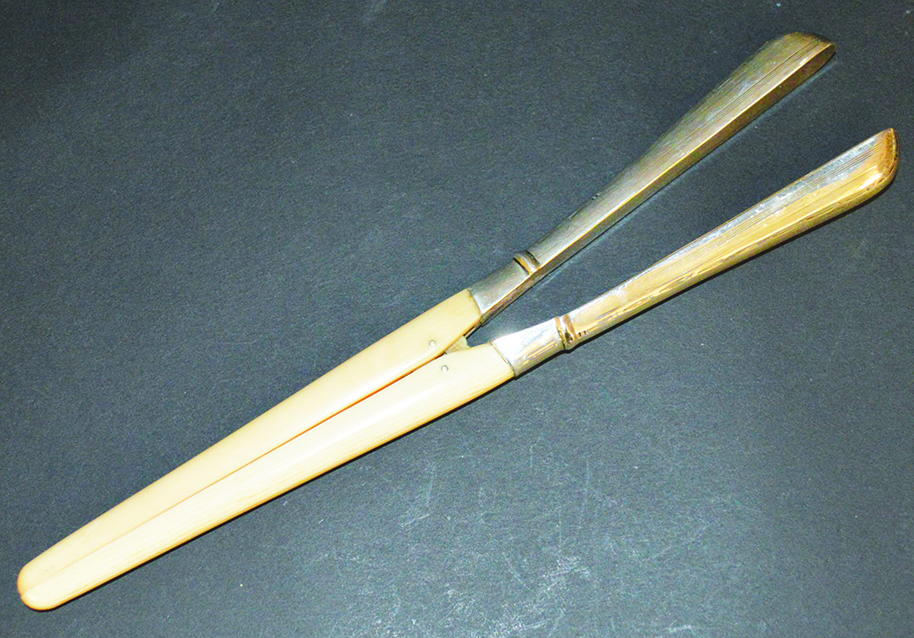 A PAIR OF SILVER HANDLED AND IVORY GLOVE STRETCHERS.