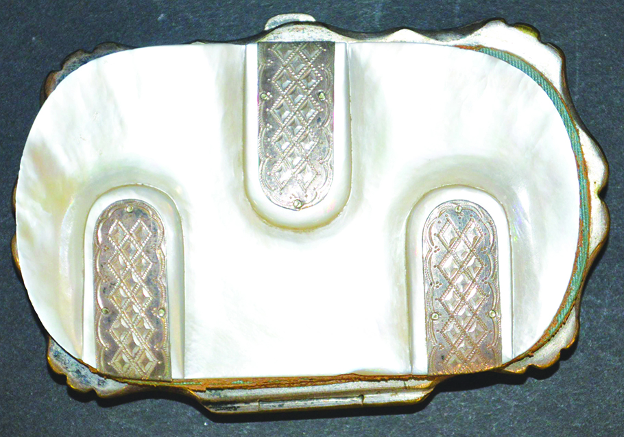 A VICTORIAN SILVER AND MOTHER OF PEARL PURSE.