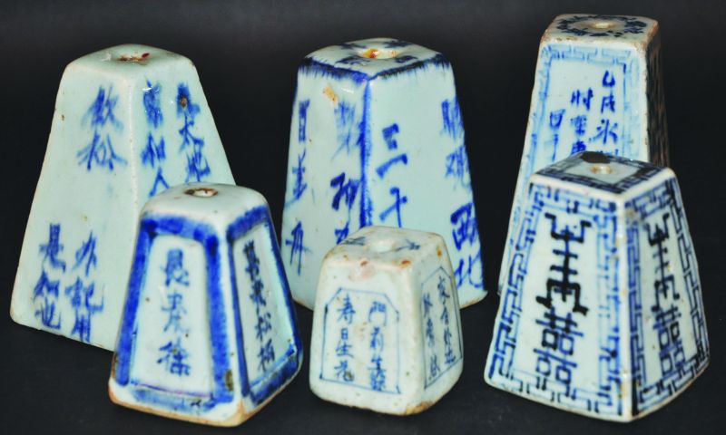 A COLLECTION OF SIX 19TH CENTURY CHINESE BLUE & WHITE PROVINCIAL PORCELAIN JOSS STICK HOLDERS,