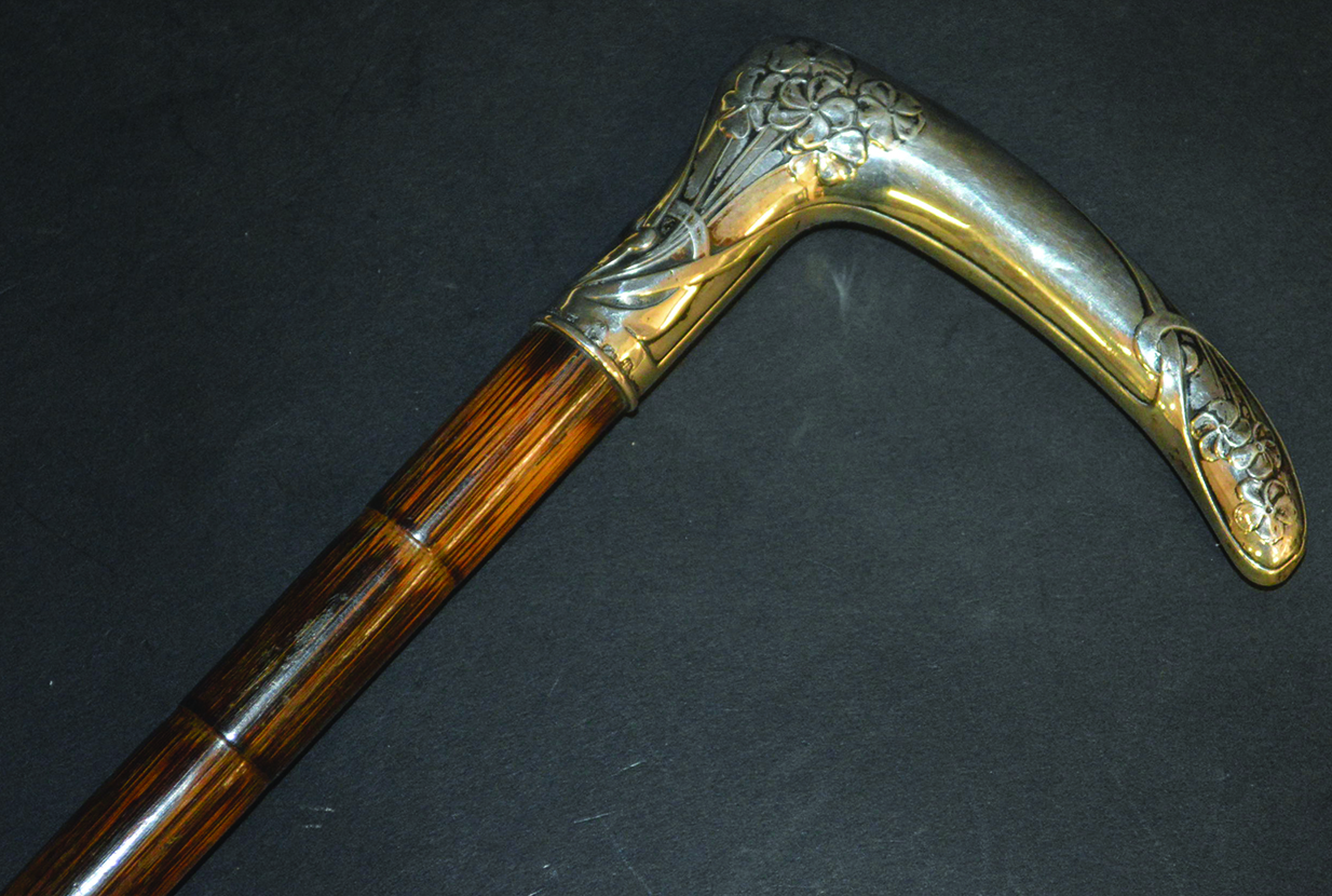 A GOOD ART NOUVEAU SILVER HANDLED PARTRIDGE WOOD CANE, FRENCH, CIRCA. 1895. 36ins long.