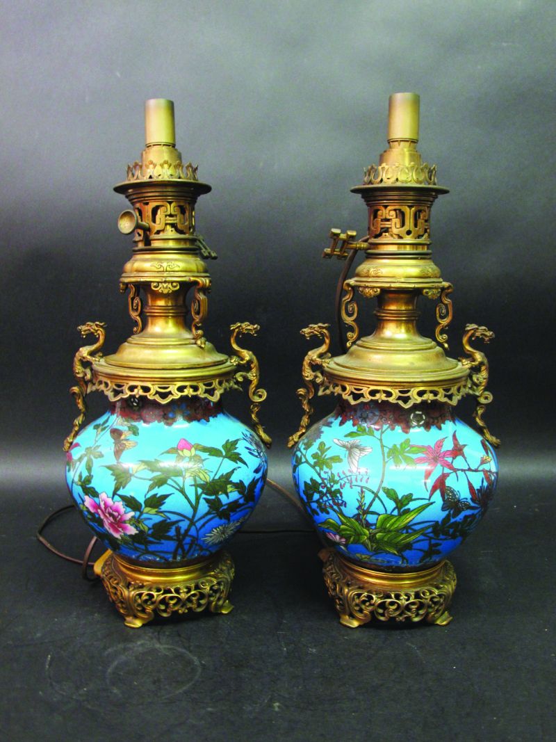 A PAIR OF LATE 19TH CENTURY ORMOLU MOUNTED JAPANESE CLOISONNE VASES, each vase decorated on a