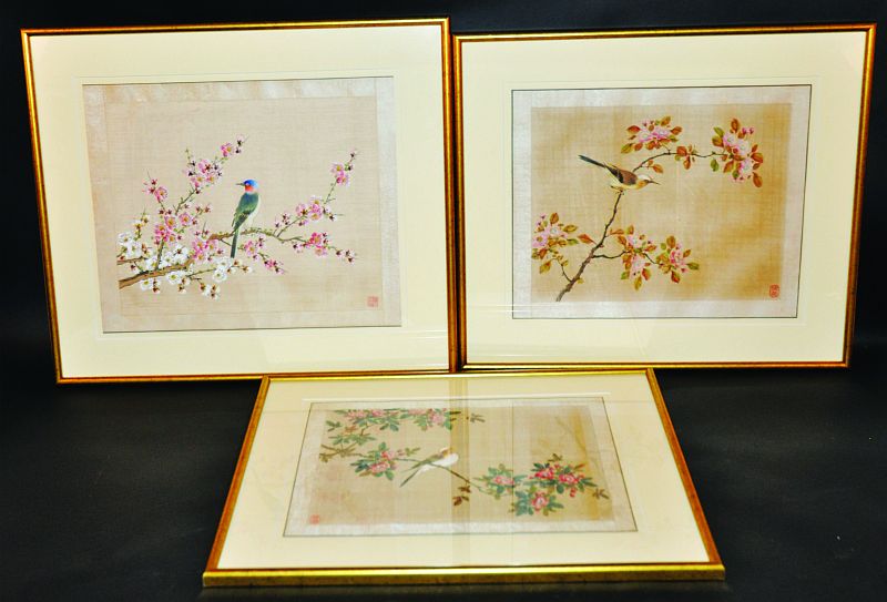 A SET OF THREE EARLY 20TH CENTURY CHINESE FRAMED PAINTINGS ON SILK, each variously depicting a scene