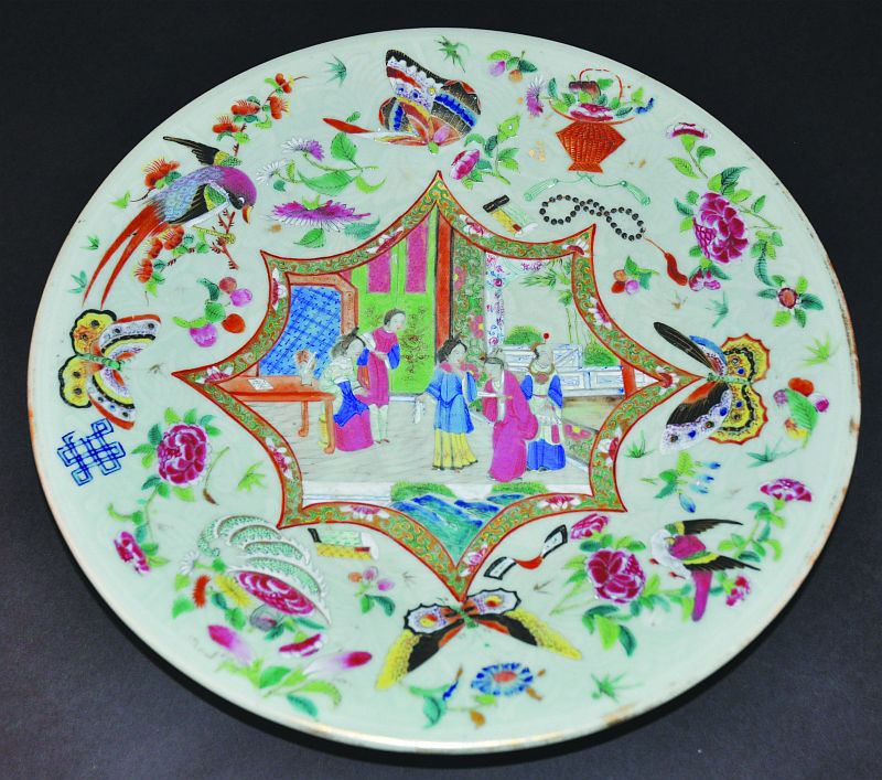 A 19TH CENTURY CHINESE CELADON-GROUND CANTON PORCELAIN DISH, painted in vivid enamels and gilding