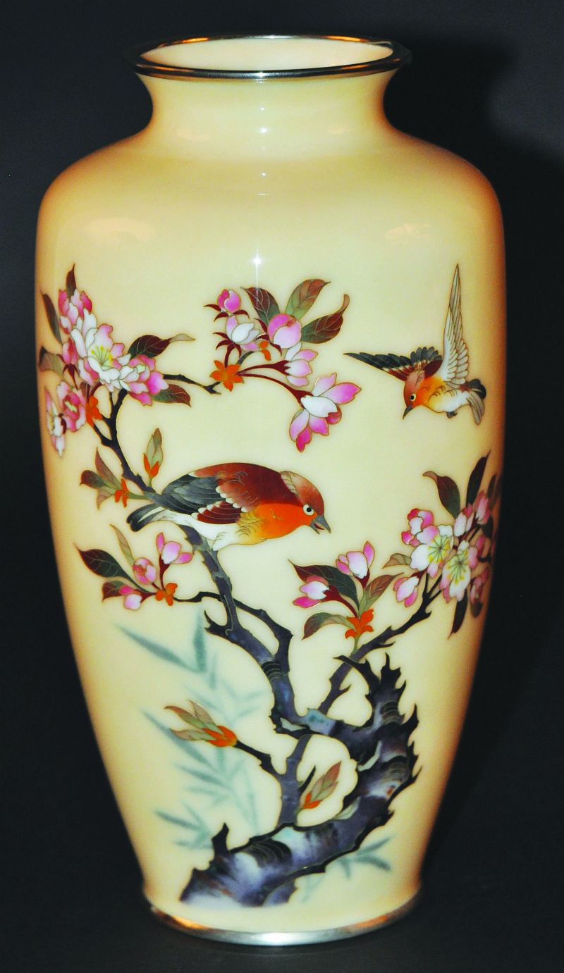 AN EARLY 20TH CENTURY JAPANESE ANDO TYPE CLOISONNÉ VASE, with silver-metal rims, the vase