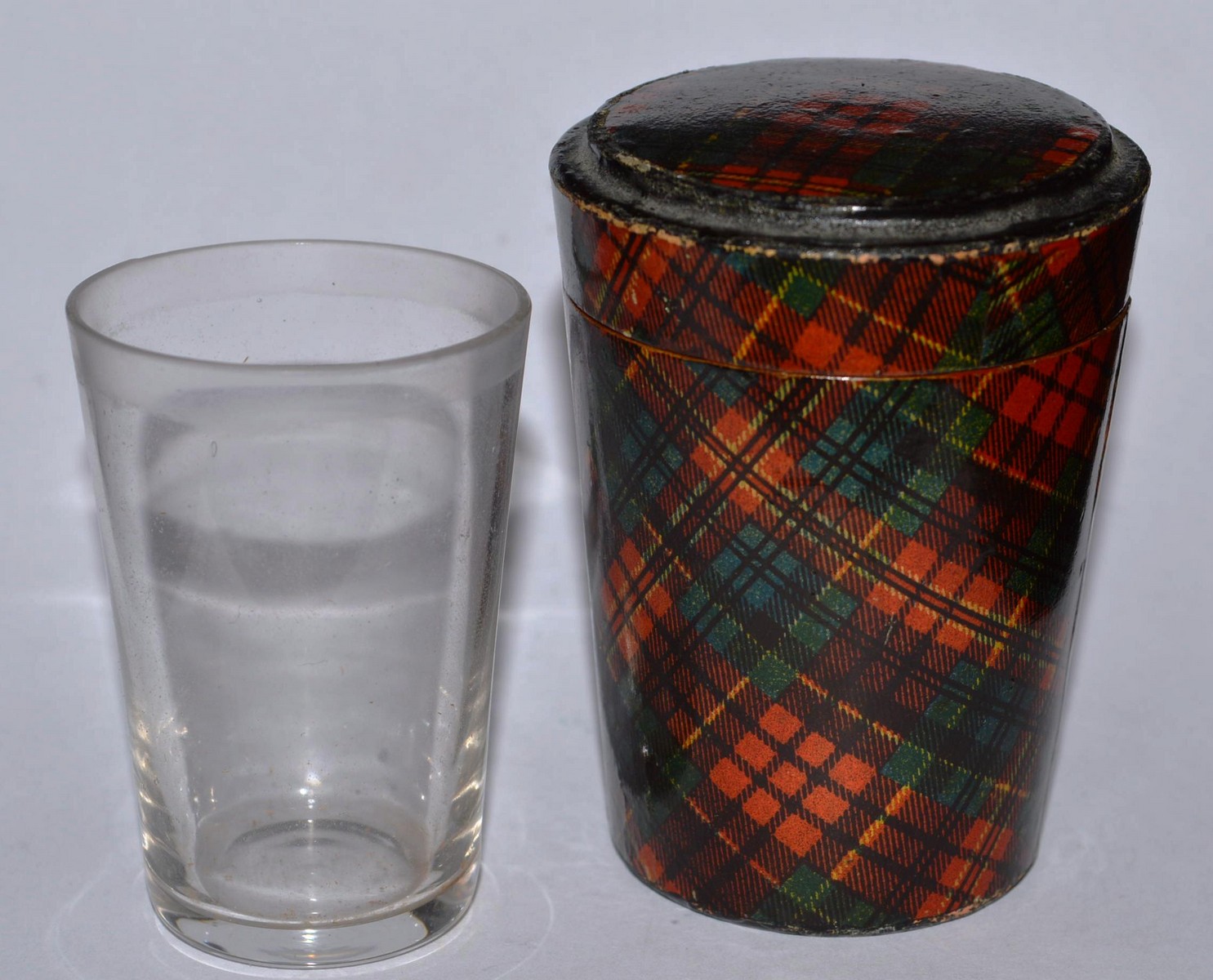A TARTAN WARE GLASS HOLDER AND COVER. 3ins.