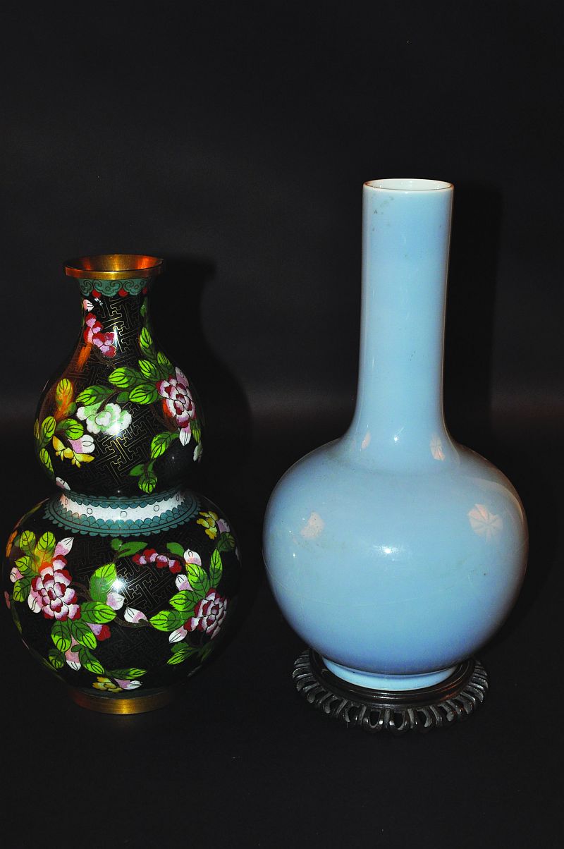 A CHINESE DOUBLE-GOURD CLOISONNÉ VASE, 12.5in high; together with a Chinese Clair-de-Lune bottle