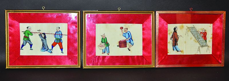 A GROUP OF THREE 19TH CENTURY CHINESE FRAMED PAINTINGS ON RICE PAPER, painted with various figural