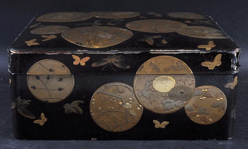 A 19TH CENTURY JAPANESE MEIJI PERIOD BLACK LACQUER BOX AND COVER, decorated with panels of birds and