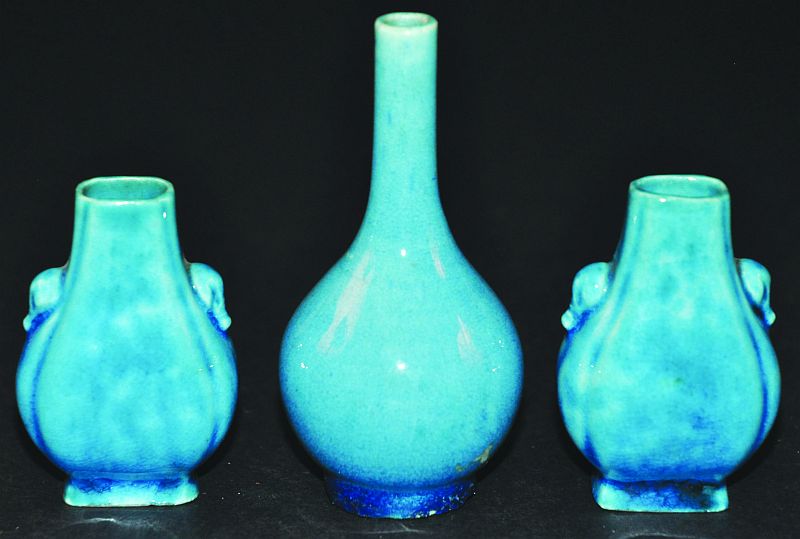A PAIR OF 19TH/20TH CENTURY CHINESE MINIATURE TURQUOISE-GLAZED HU VASES, each with moulded