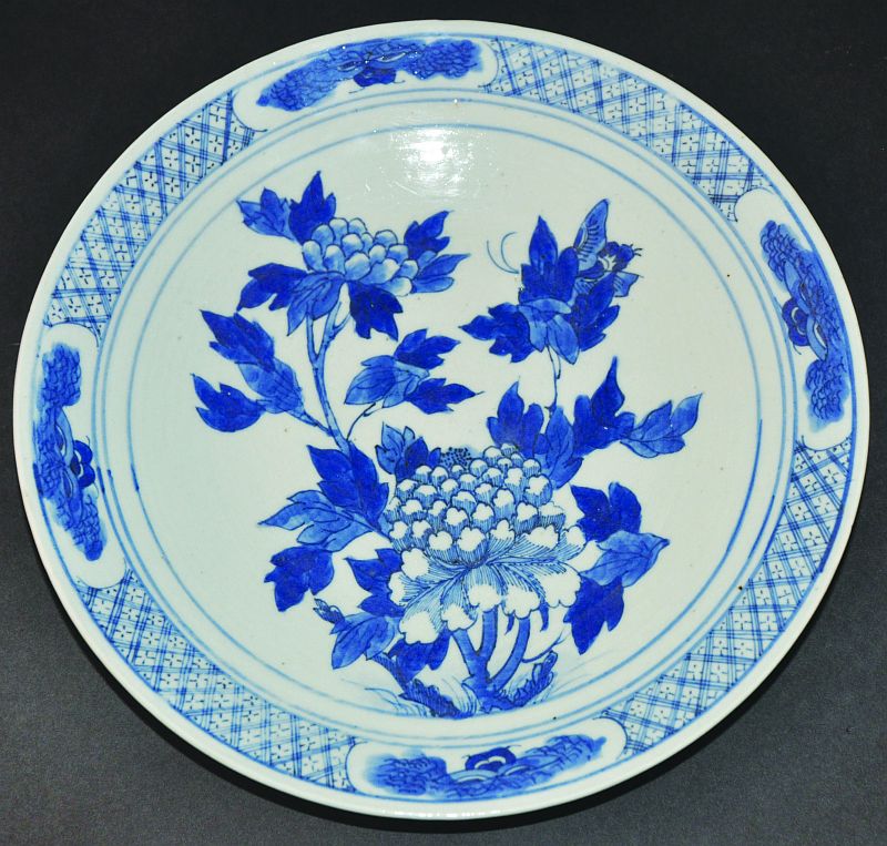 A 19TH CENTURY CHINESE BLUE & WHITE PORCELAIN DISH, painted to its centre with a butterfly and