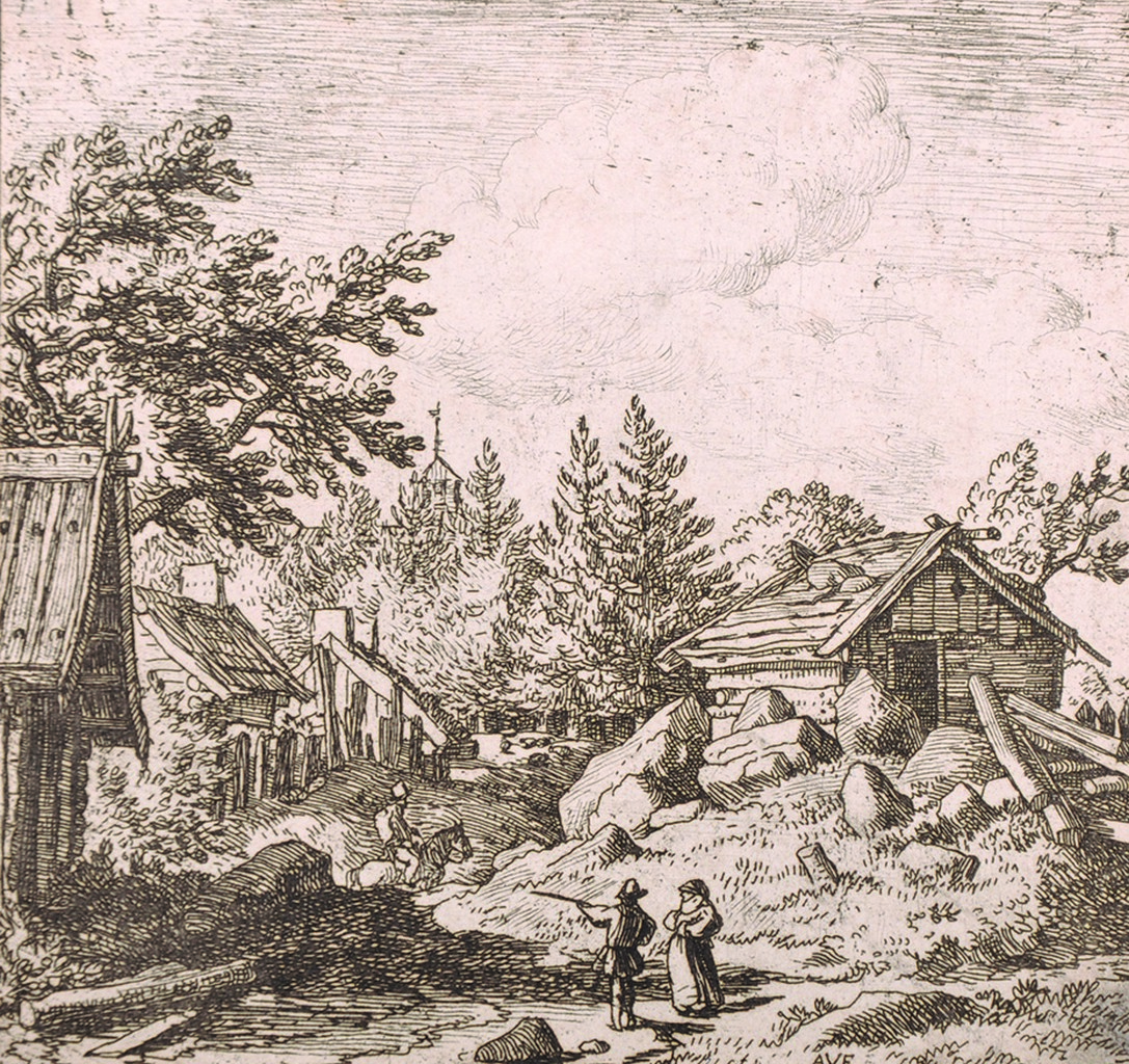 After Albert Van Everdingen (1621-1675) Dutch. Figures in a landscape, Engraving, Unframed, 4” x 4.
