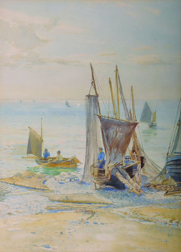 Fritz B… Althaus (act.1881-1914) British. A Beach Scene with Fisher Folk, Watercolour, Signed and