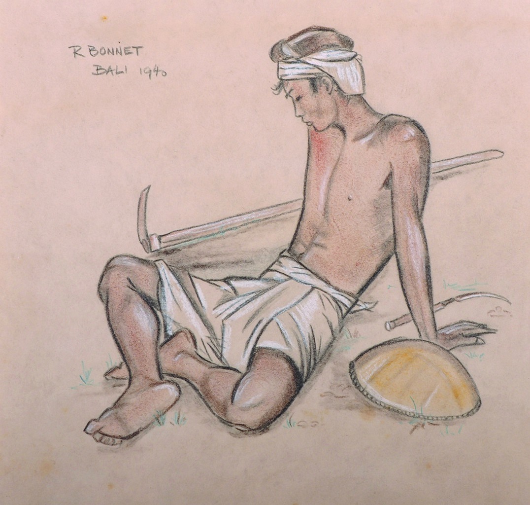 R… Bonnet (20th Century) A Resting Farm Worker, Charcoal, Signed, Inscribed and Dated 1940, 10” x
