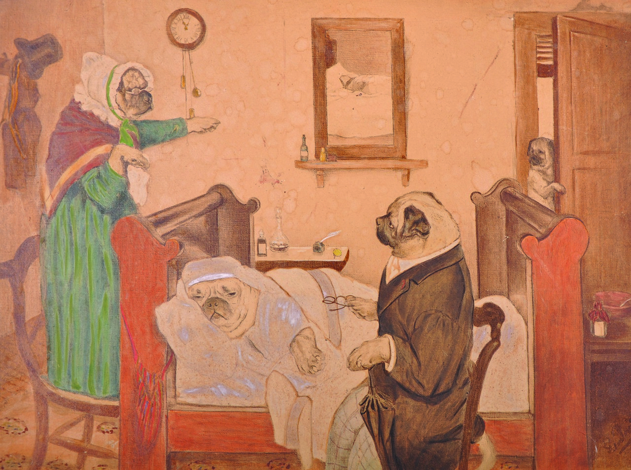 19th Century English School. ‘Dr Pug’s Visit’, Oil on a Photographic Base, Indistinctly Signed,