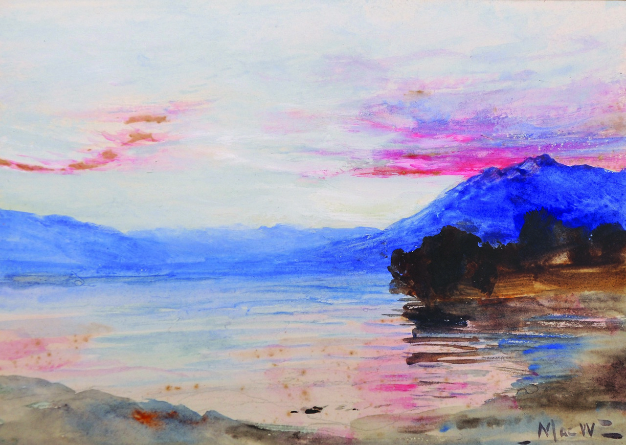 John MacWhirter (1839-1911) British. “Autumn Sunset, Loch Venacher”, Watercolour, Signed, 5” x 7”.