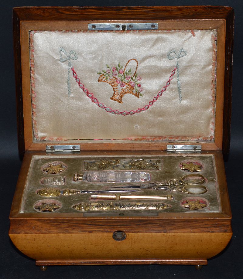 A GOOD LATE REGENCY SEWING BOX with fitted interior, SCISSORS, scent bottle, thimble, pencil etc.,