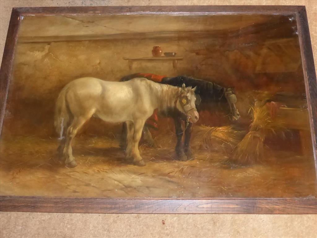 OIL ON CANVAS DEPICTING 2 HORSE IN A STABLE WITH INDISTINCT SIGNATURE J. BARKER APPROX. 77 X 50 cm