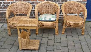 3 Cane conservatory chairs & sm table