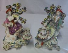 Pr of lt 19th/early 20th cent Liberty & Matrimony figural candlesticks in the Chelsea/Meissen