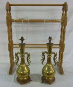 Pine towel rail & pr of brass lamps