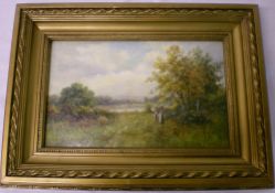 Oil on board in a gilt frame, figures in a rural landscape signed Frank Rawlings Offer 38.5 by 23.