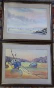 2 watercolours of boats and shoreline 41 cm x 34 cm