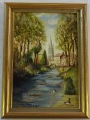 Oil of Louth Church and the river by Wilhelmina M Burdett-Somers 11 x 15 cm