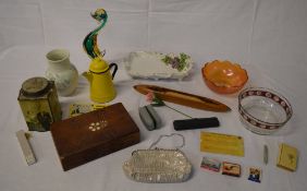 Glassware, coloured glass duck, matches etc