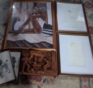 Lg print, 2 sketches of nudes, 2 poodle prints & carved panel