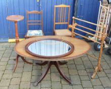 Regency style coffee table, 2 Edw salon chairs, oval mirror, plant stand & Vict towel rail