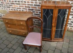 Balloon back chair, glass display cabinet & oak chest of drawers