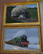 Pr of oil on board of steam locomotives signed by C Willman 70 cm x 47 cm