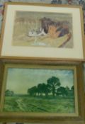 Framed landscape print & watercolour of Border Farm