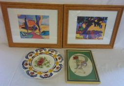 Pr of prints, decorative plate & cross stitch