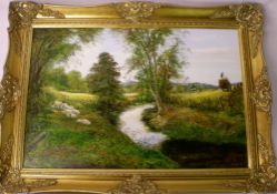 Oil on canvas in gilt frame of a stream , trees & sheep before hay makers signed Peter Snell 75 cm x