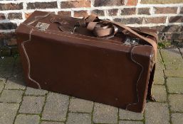 Lg leather suitcase with straps & canvas cover