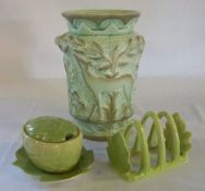 Art Deco vase with deer h 21.5 cm & Carlton ware jam pot on dish and toast rack