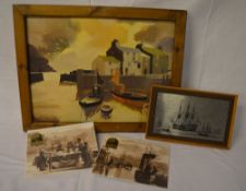 Print of a dock scene marked Frederick T W Cook, framed engraving and two other prints