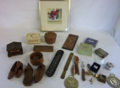 Assorted items inc treen, brass & water colour of flowers